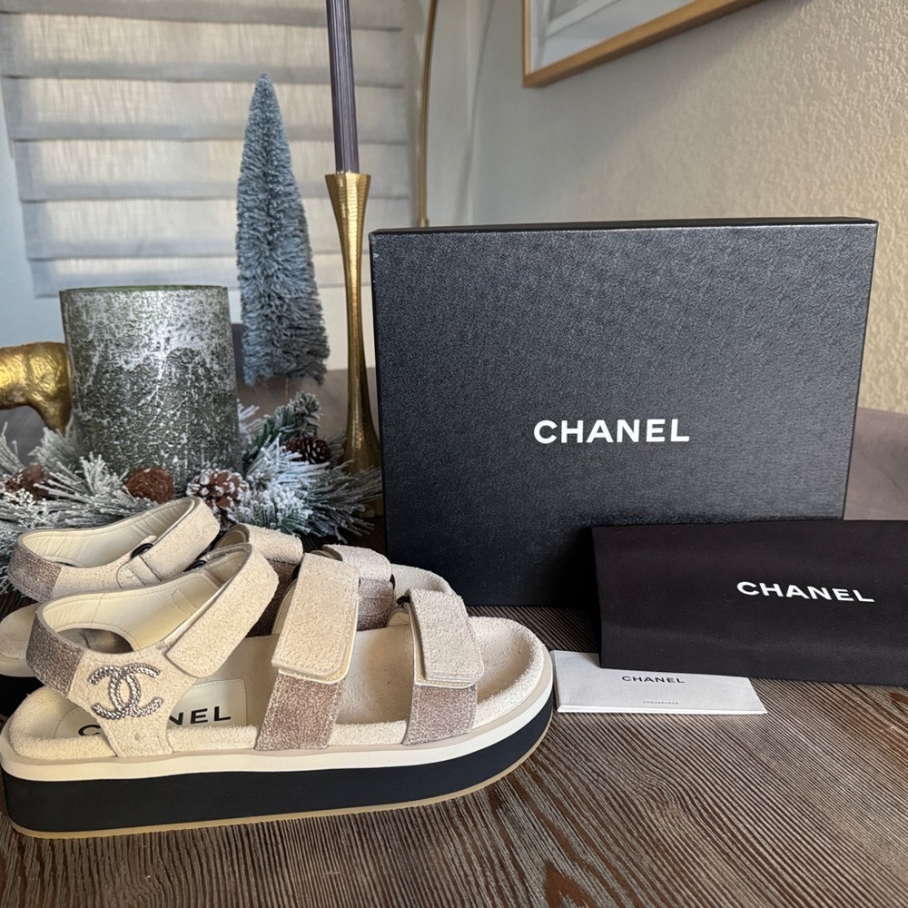 CHANEL Cream and Brown Velcro Sandals